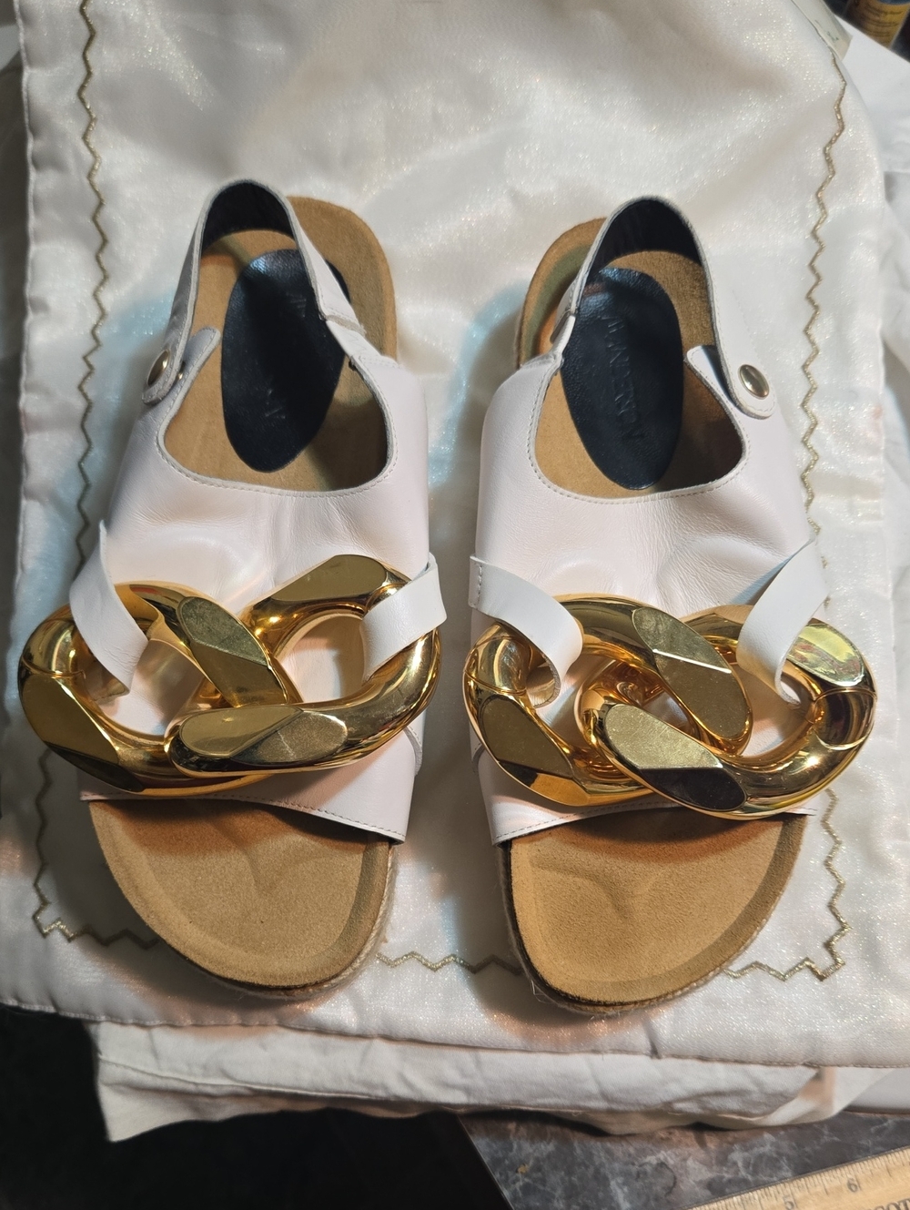 JW ANDERSON White Leather Slingback Sandals with Oversized Gold Chain